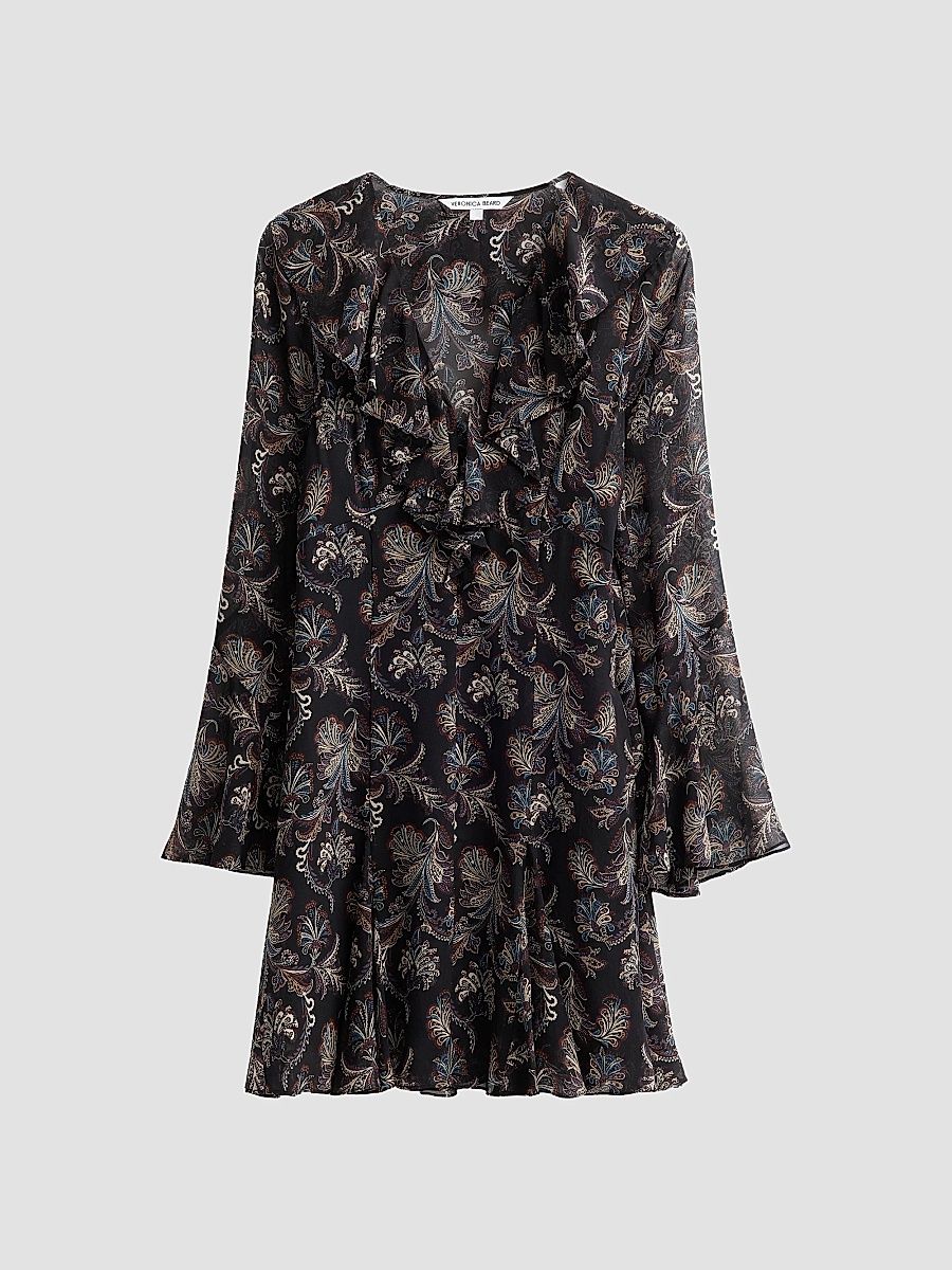 Veronica Beard Women's Adrienne Paisley Silk Ruffle Minidress - Black Multi - Size 16