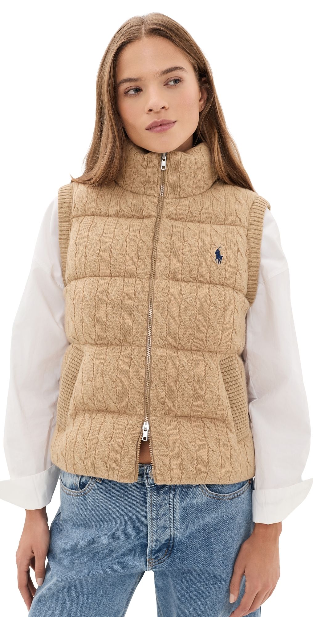 Polo Ralph Lauren Cable Knit Puffer Vest Collection Camel Melange XS