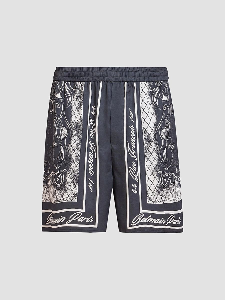 Balmain Men's Foulard Satin Shorts - Gris Fonce Blanc - Size Large