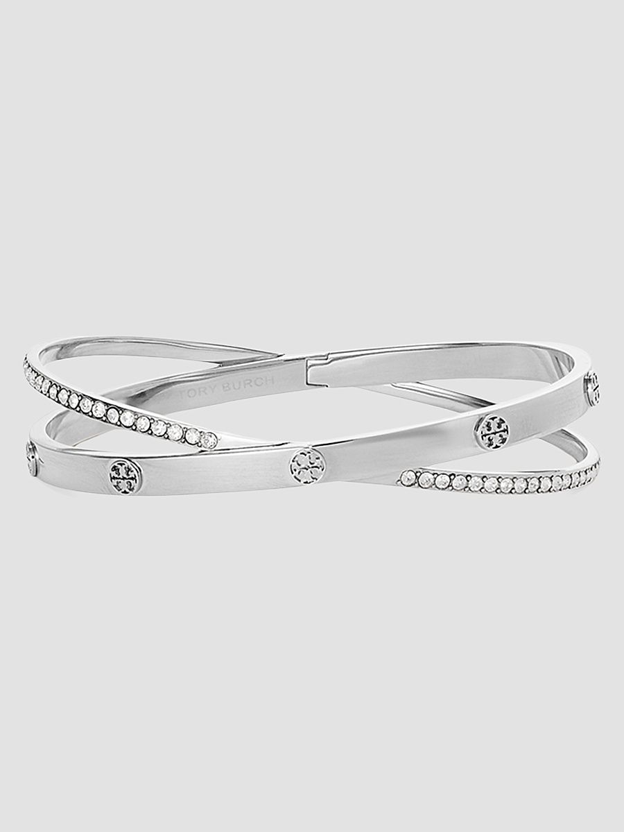 Women's Icon 18K-Gold-Plated & Cubic Zirconia Interlocking Logo Bangle - Tory Silver Crystal - Size Medium