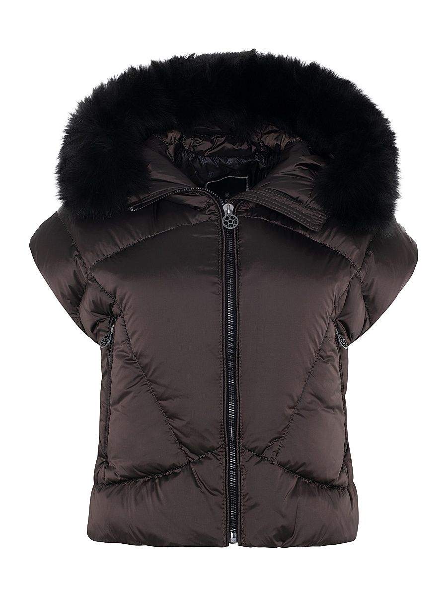 Women's Apres-Ski Vest with Detachable Toscana Shearling Lamb Hood Trim - Brown - Size Small