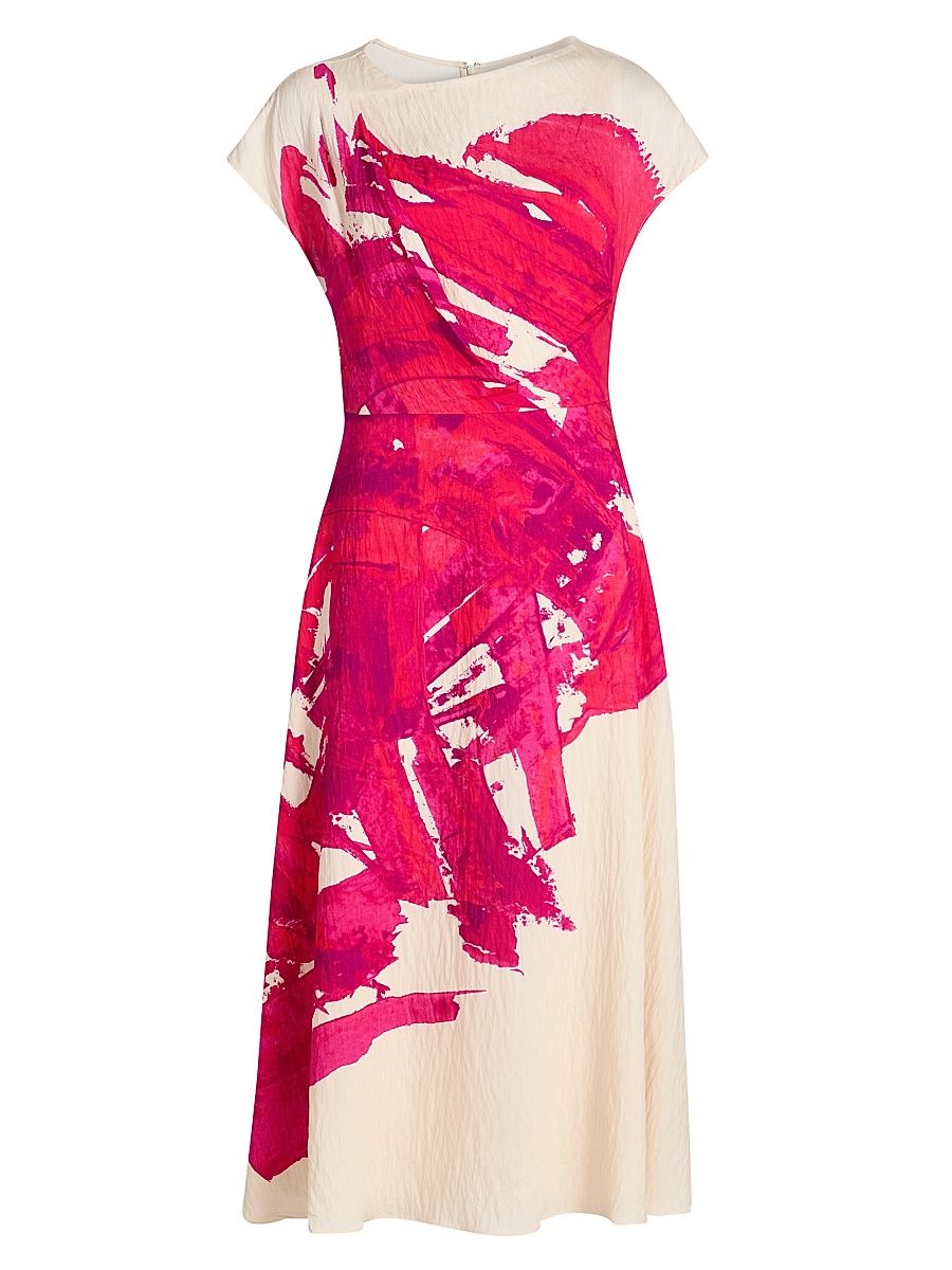 Women's Crinkled Printed Cocktail Dress - Fuschia Multi - Size 18