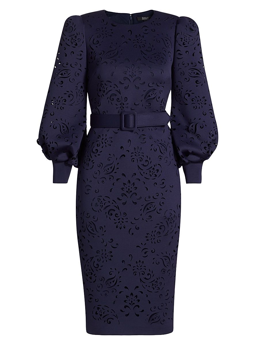 Women's Cut-Out Long-Sleeve Belted Midi-Dress - Navy - Size 6