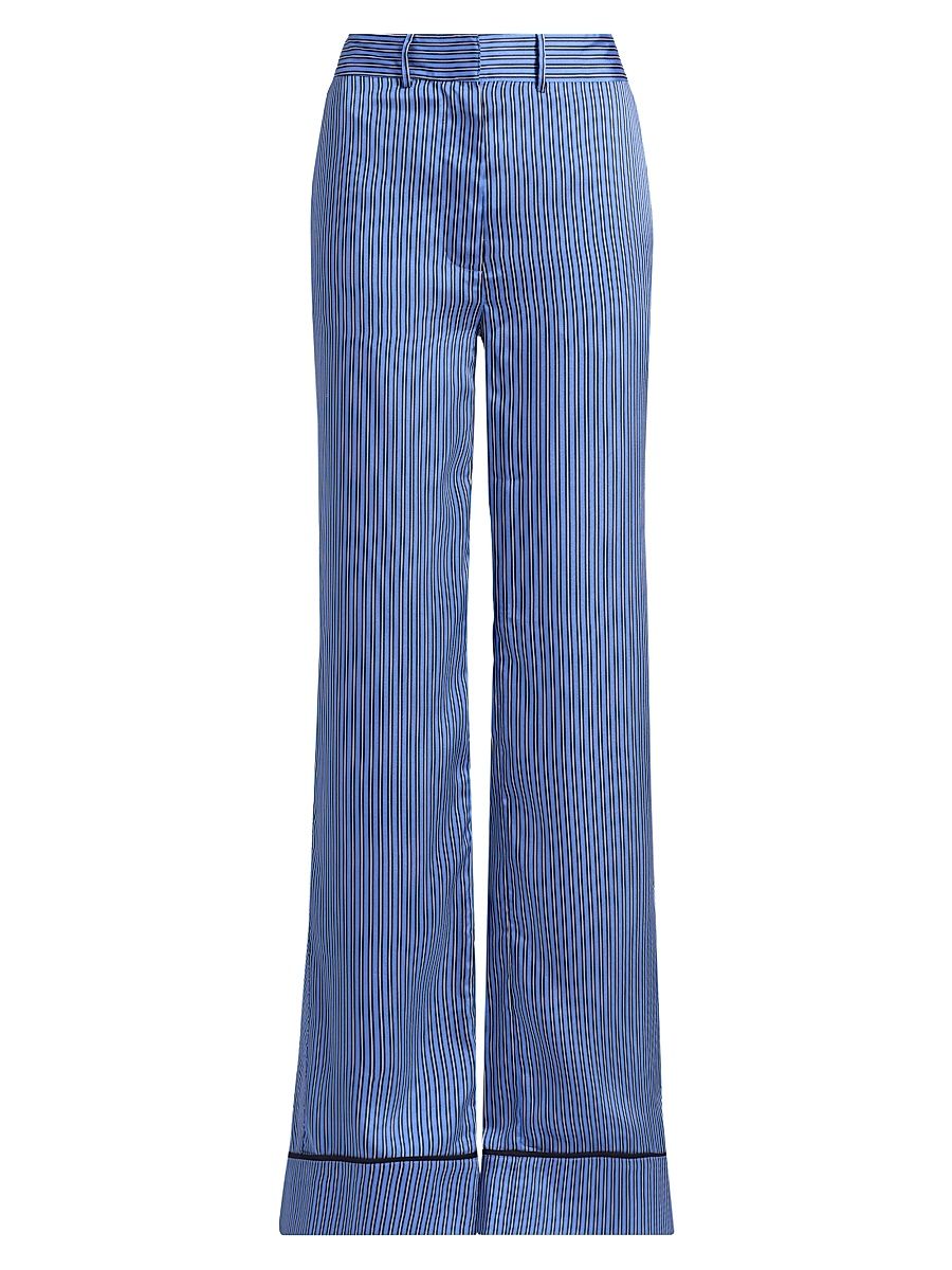 Women's Demetria Border Stripe Satin Trousers - Ultramarine Navy Ecru - Size 12