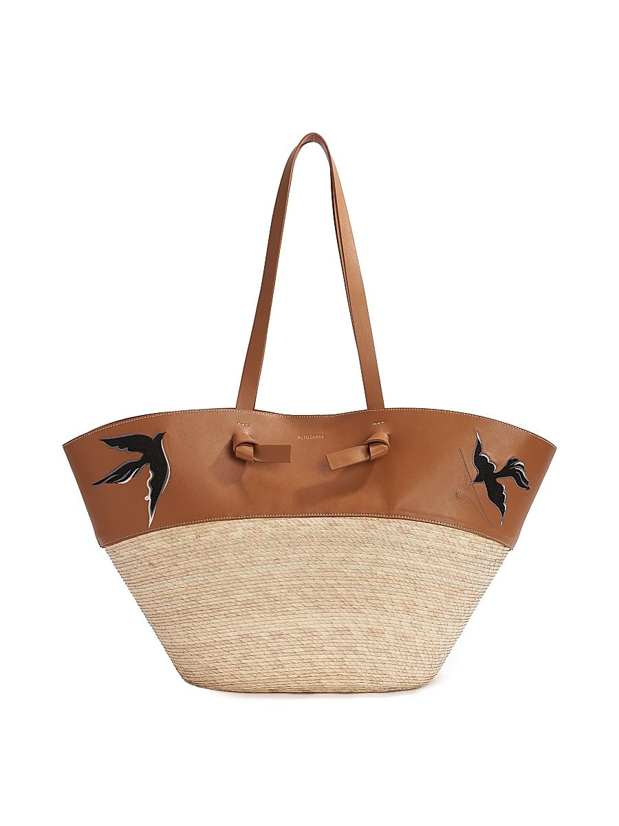 Women's Large Handwoven Raffia & Leather Basket Bag - Canyon Embroidered Bird