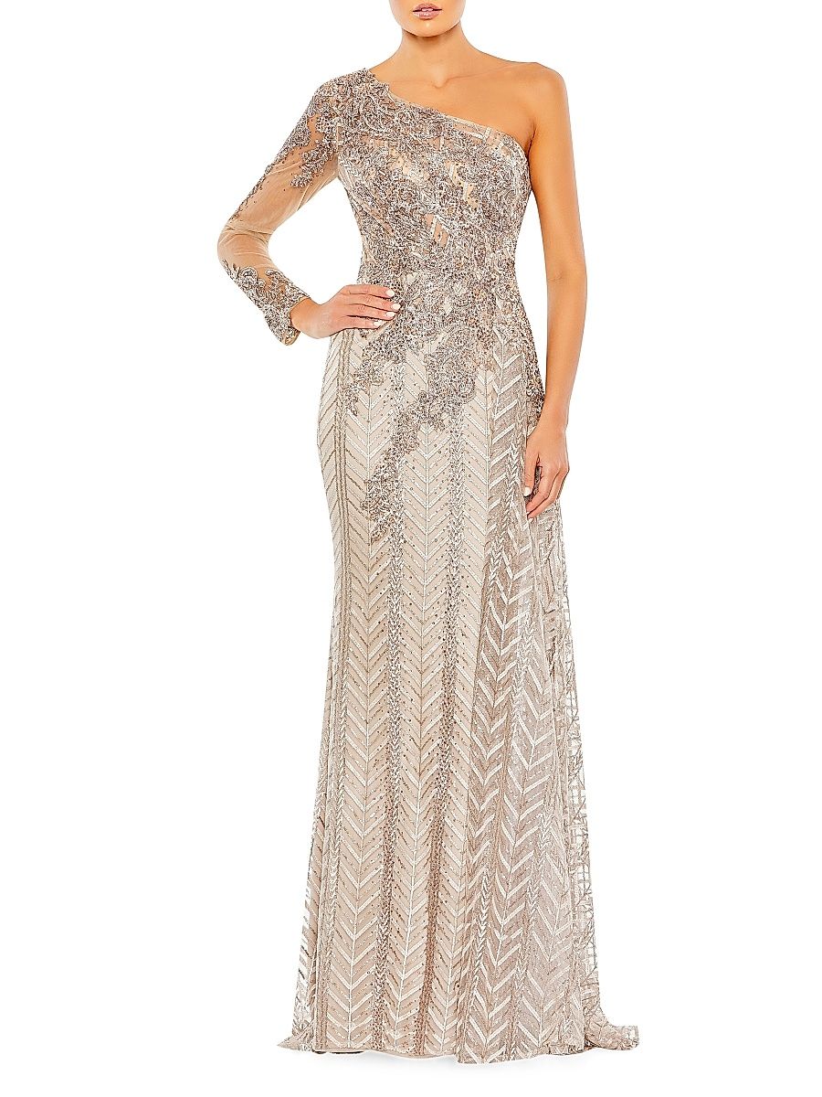 Women's Embellished Chevron One-Shoulder Gown - Taupe - Size 10