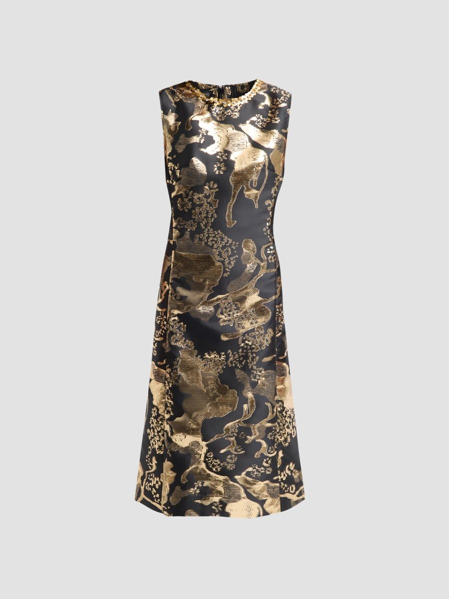 Ming Wang Women's Embellished Metallic-Jacquard A-Line Midi Dress - Black Gold - Size XL
