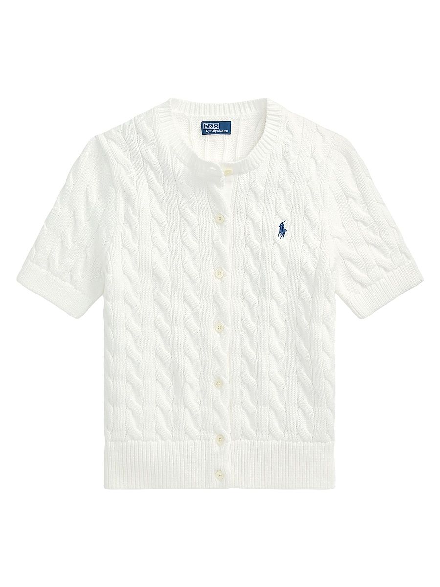 Women's Cable-Knit Short-Sleeve Cardigan - White - Size Medium