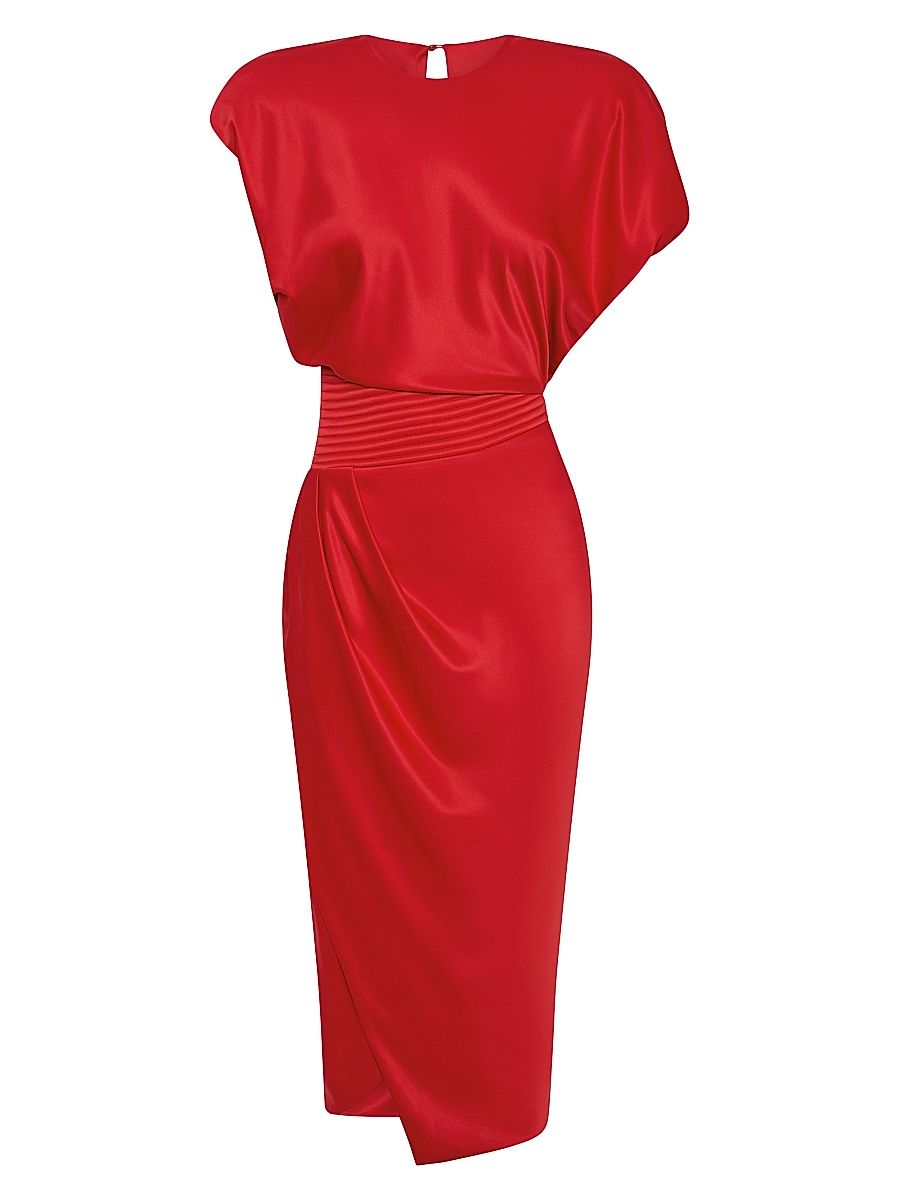 Women's Bond Satin Pleated Asymmetric Midi-Dress - Cherry - Size 12