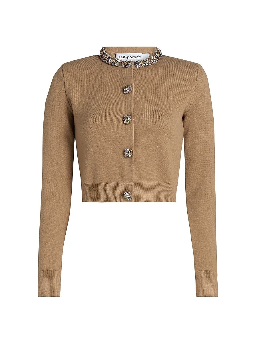 Women's Embellished Crewneck Crop Cardigan - Brown - Size Medium