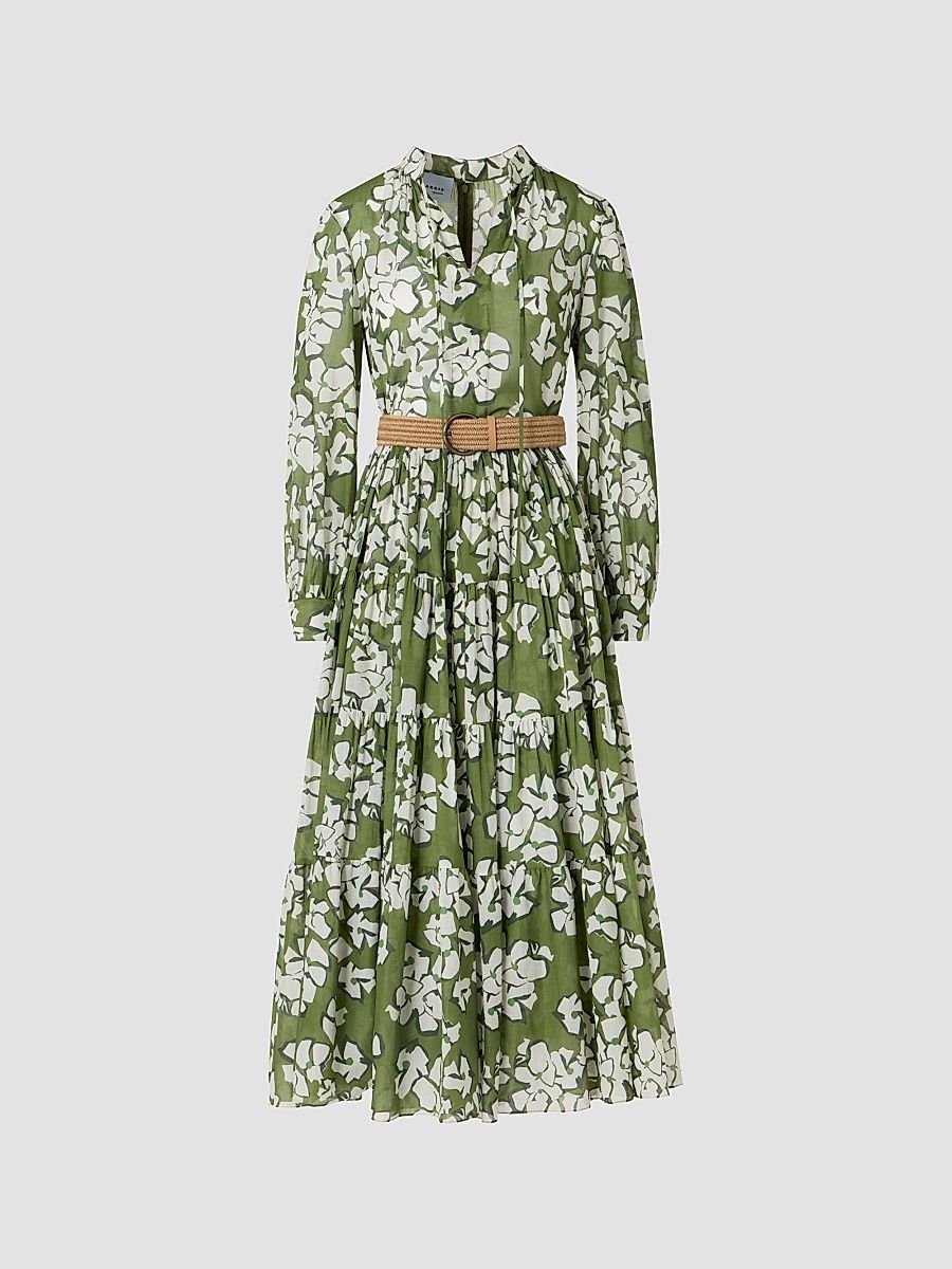 Women's Floral Cotton Belted Midi Dress - Green Tea Cream Olive - Size 16