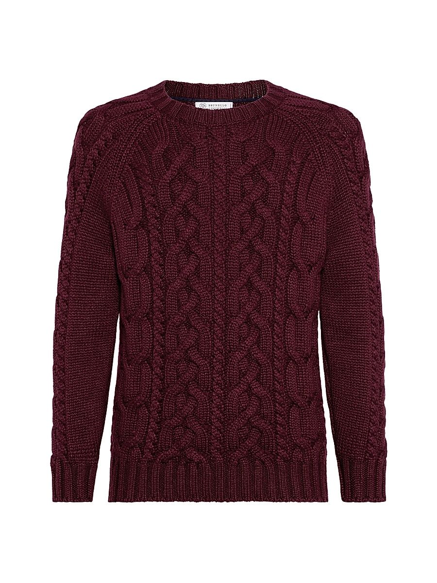 Men's Cashmere Feather Yarn Cable Knit Sweater - Burgundy - Size 42