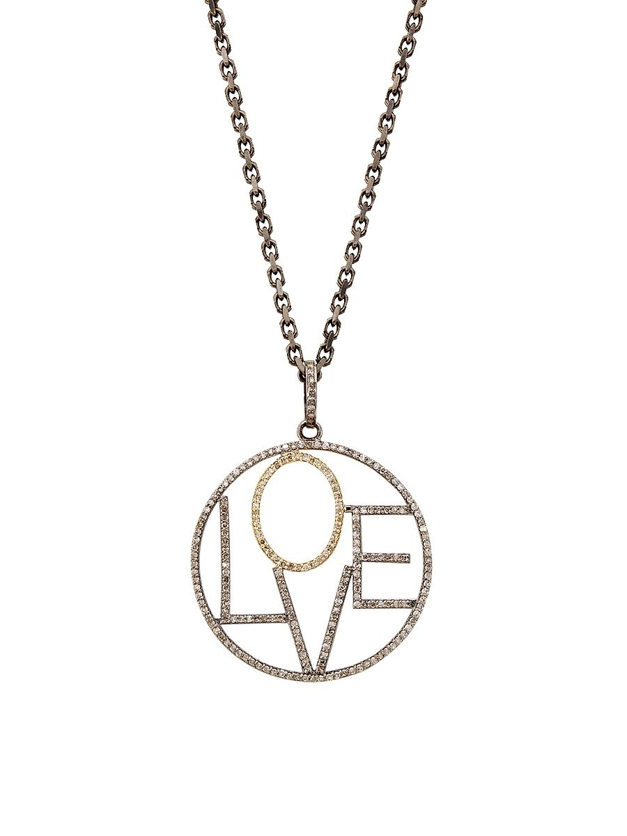 Women's Sterling Silver, 14K Yellow Gold, & Diamond "Love" Pendant Necklace