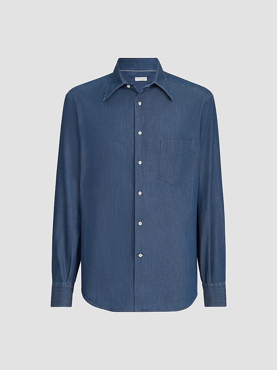 Men's Lightweight Denim Shirt with Italian Collar - Dark Denim - Size XXXL