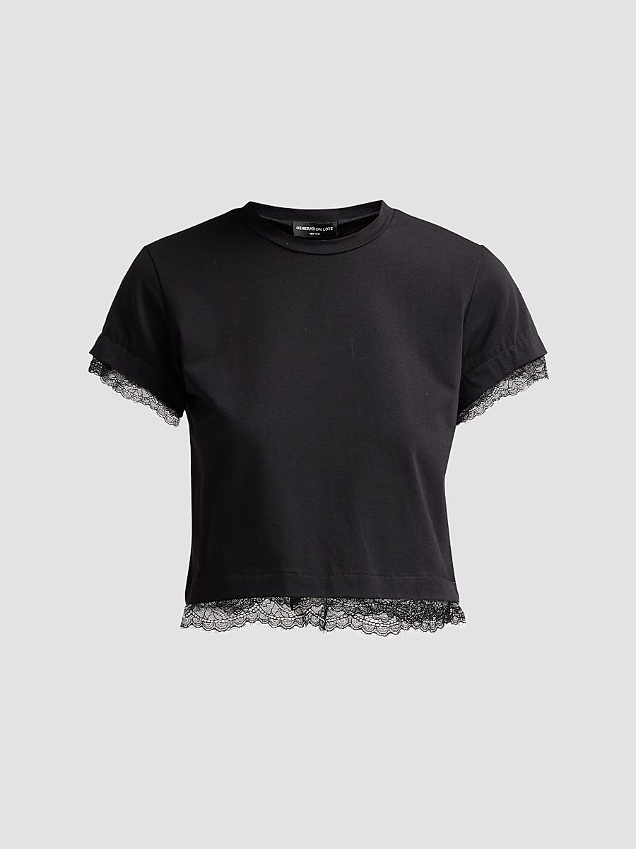 Women's Christella Lace Combo T-Shirt - Black - Size XS