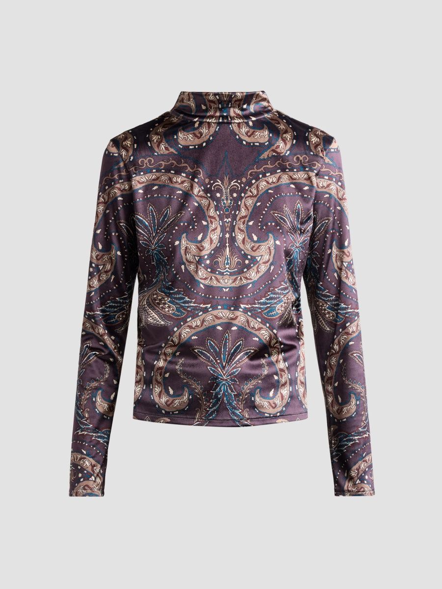 Veronica Beard Women's Nate Paisley Print Jersey Top - Dark Eggplant Multi - Size XL
