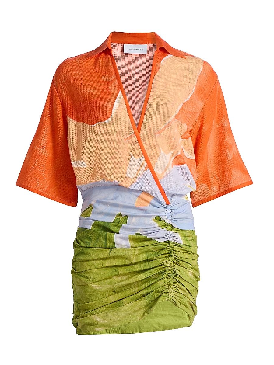 Women's Lulu Ruched Printed Mixed-Media Minidress - Stamped Poppy - Size 2