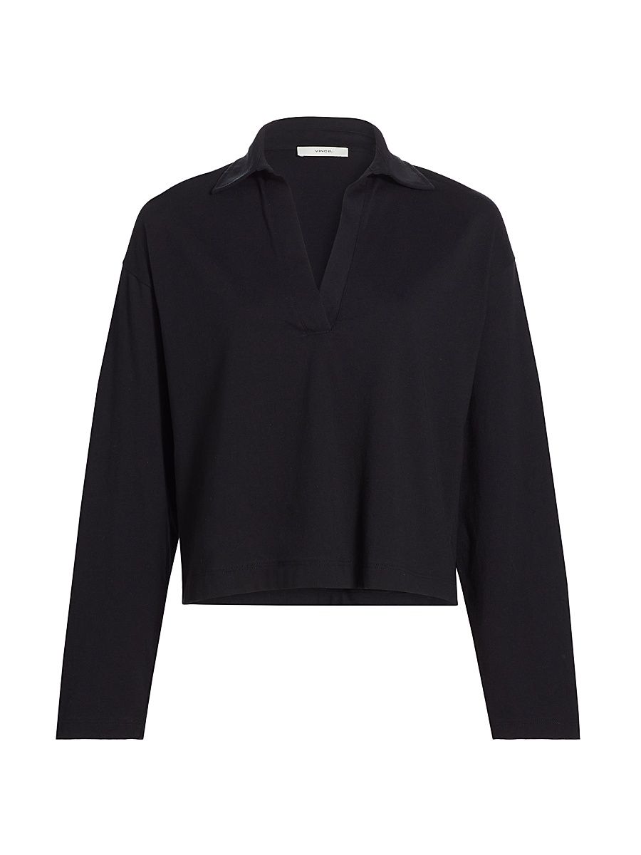 Women's Cotton Long-Sleeve Polo Top - Black - Size XXS