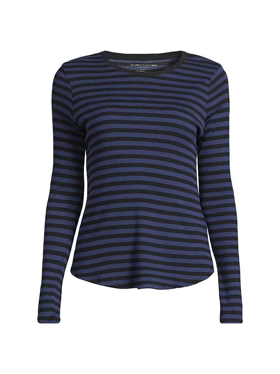 Women's Striped Long-Sleeved Crewneck T-Shirt - Bleu Saphir Noir - Size XS