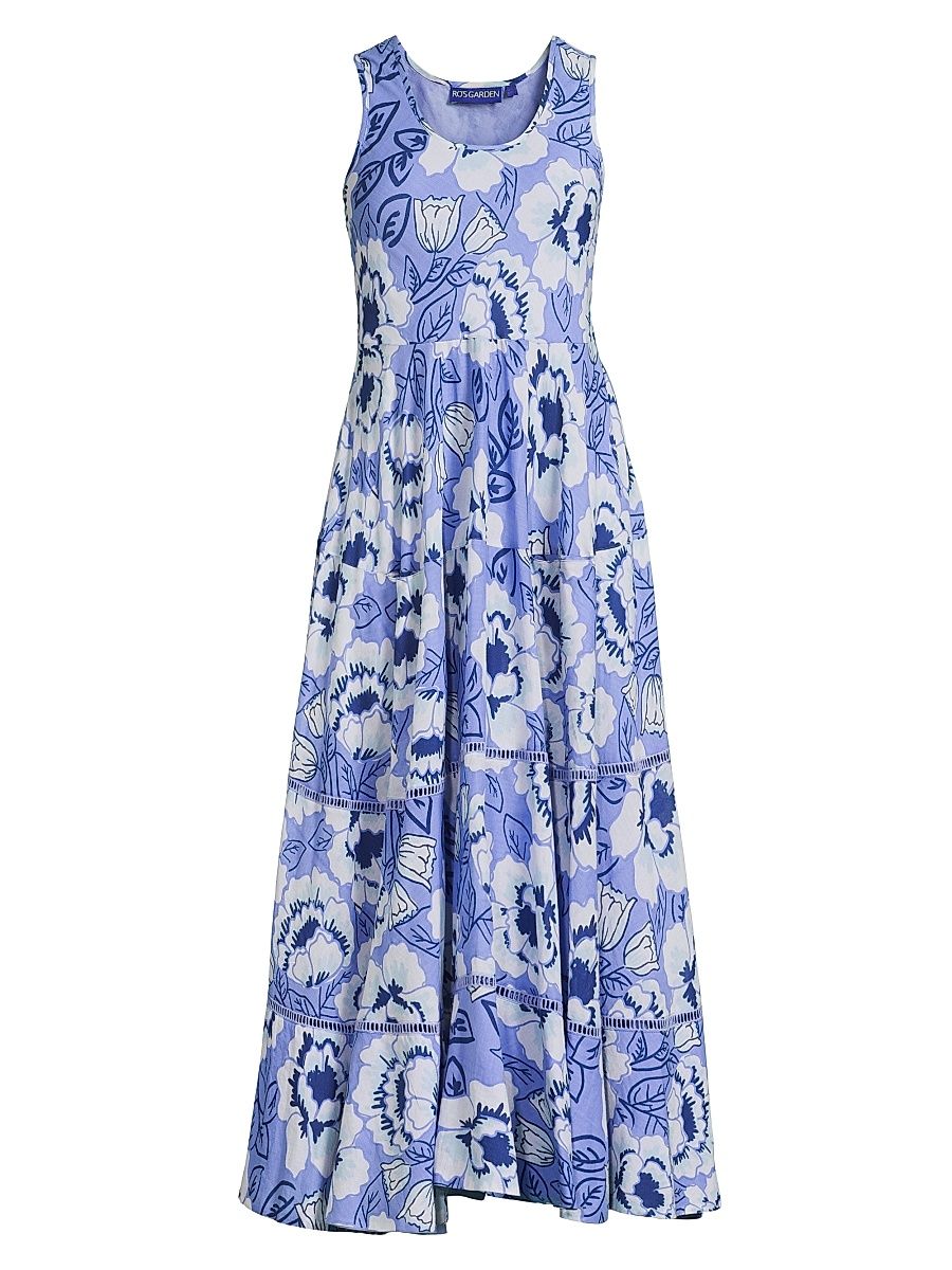 Women's Cairo Floral Cotton Maxi Dress - Blue Vittoria - Size Medium