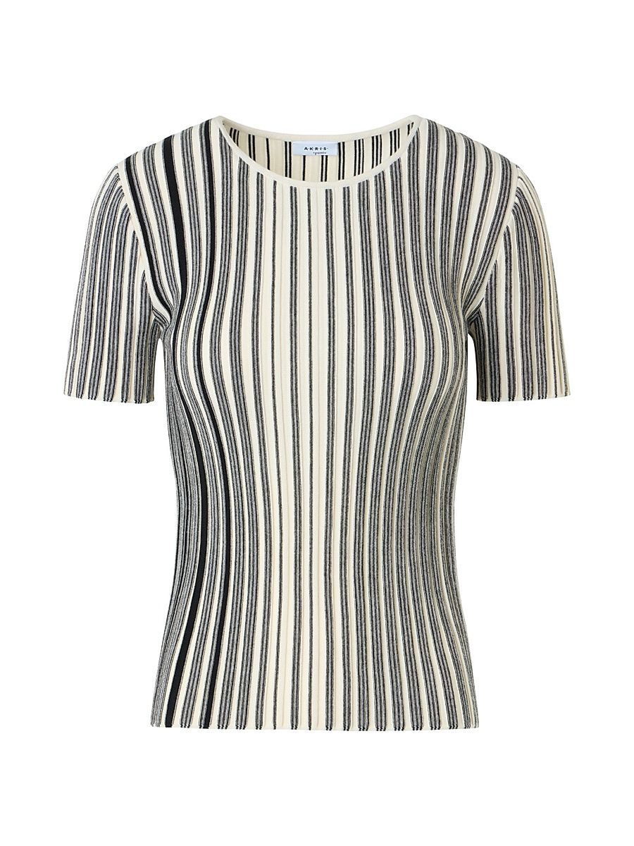 Women's Striped Wool Rib-Knit Sweater - Black Cream - Size 16