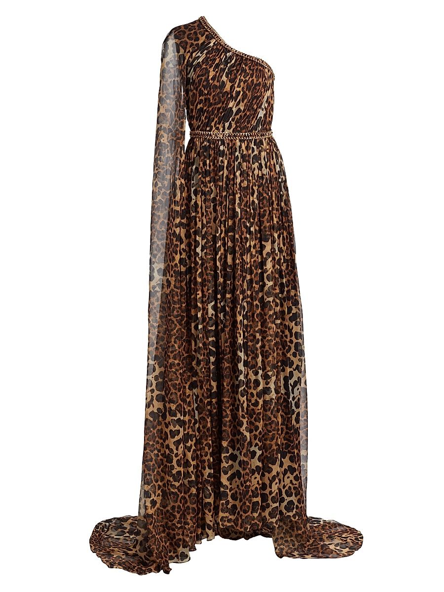 Women's Leopard-Print Chiffon One-Shoulder Gown - Brown Multi - Size 4