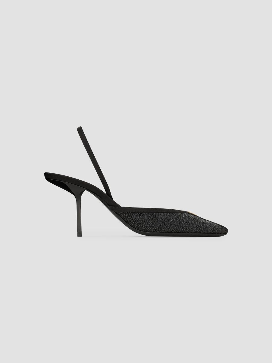 Saint Laurent Women's Folie Slingback Pumps in Satin, Mesh, and Crystals - Black - Size 12