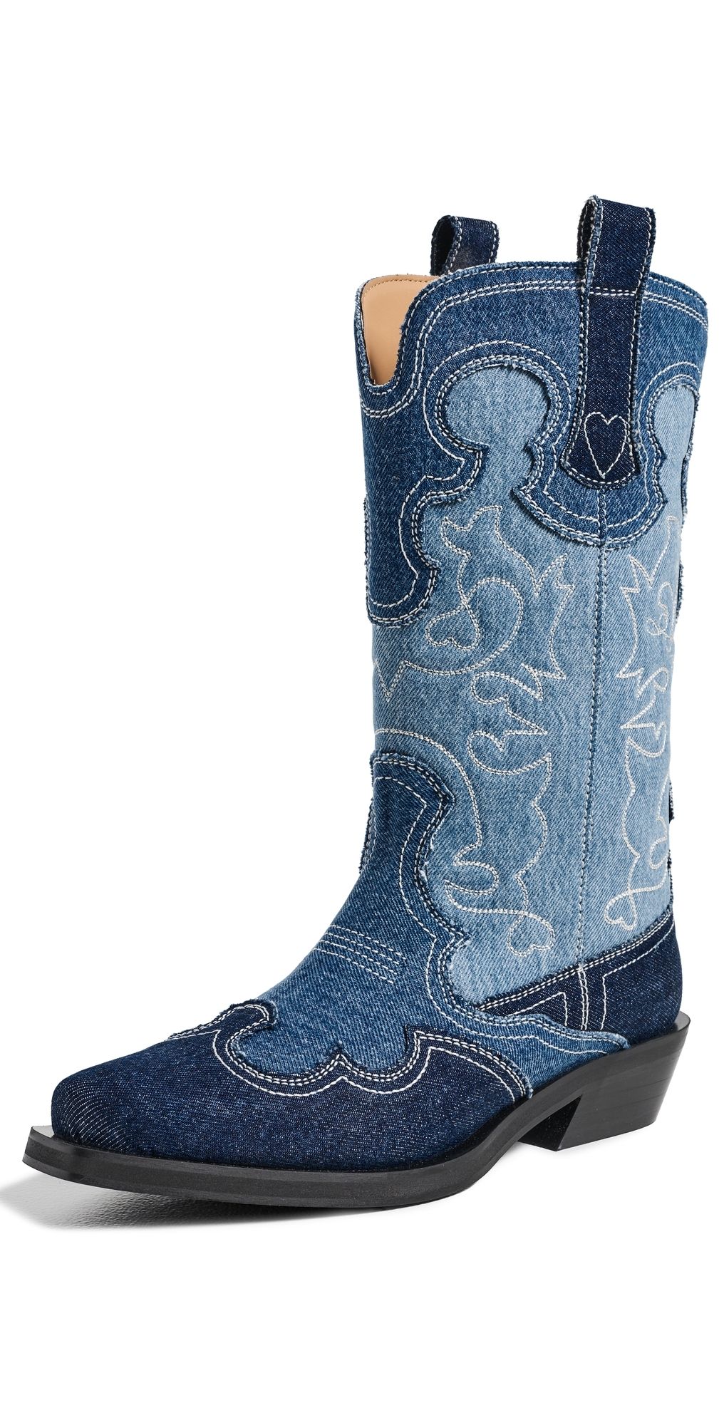GANNI Mid Shaft Embroidered Denim Western Boots Mid Blue Vintage 37