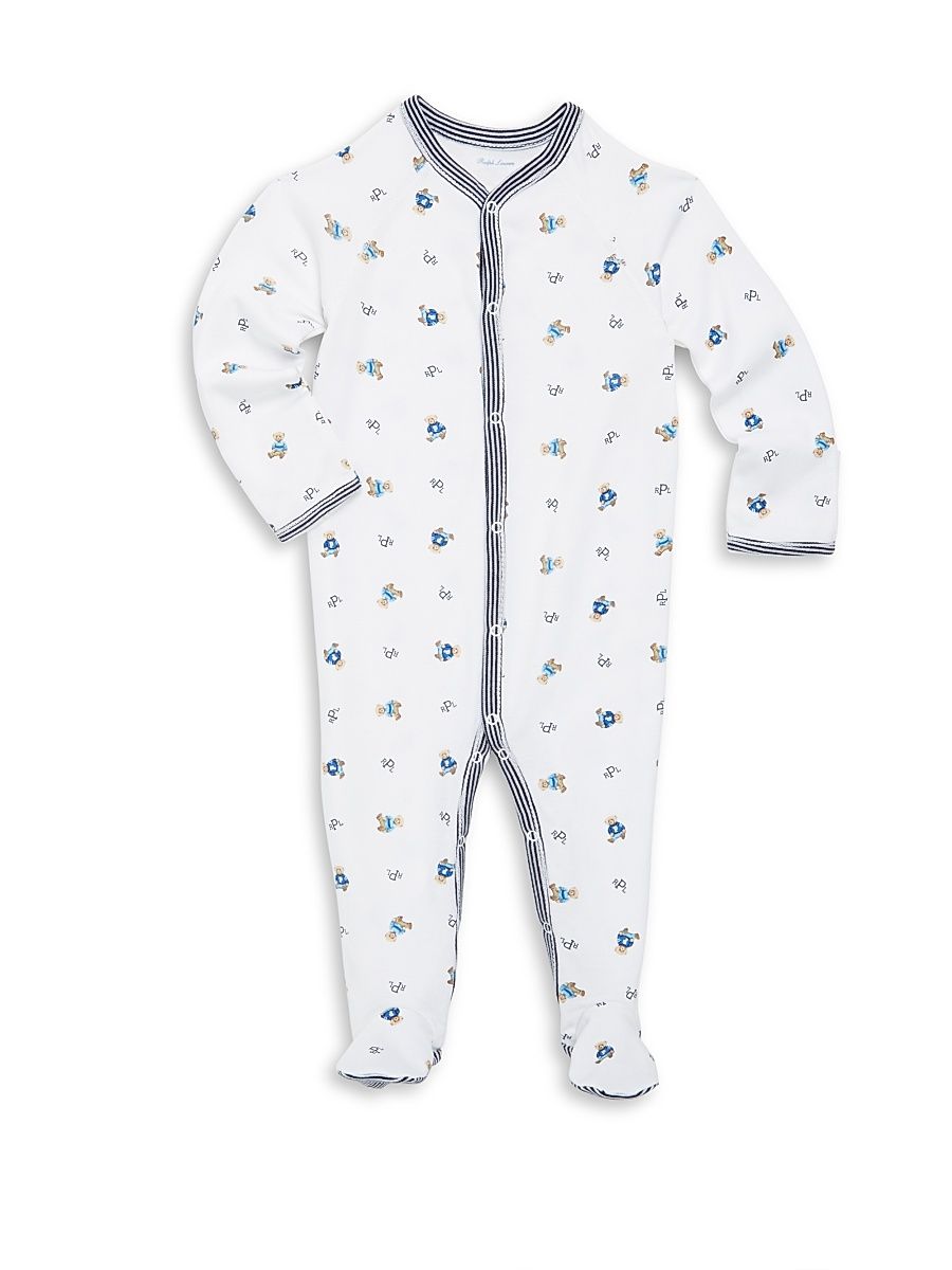 Baby Boy's Bear Print Cotton Footie - White Navy - Size Newborn