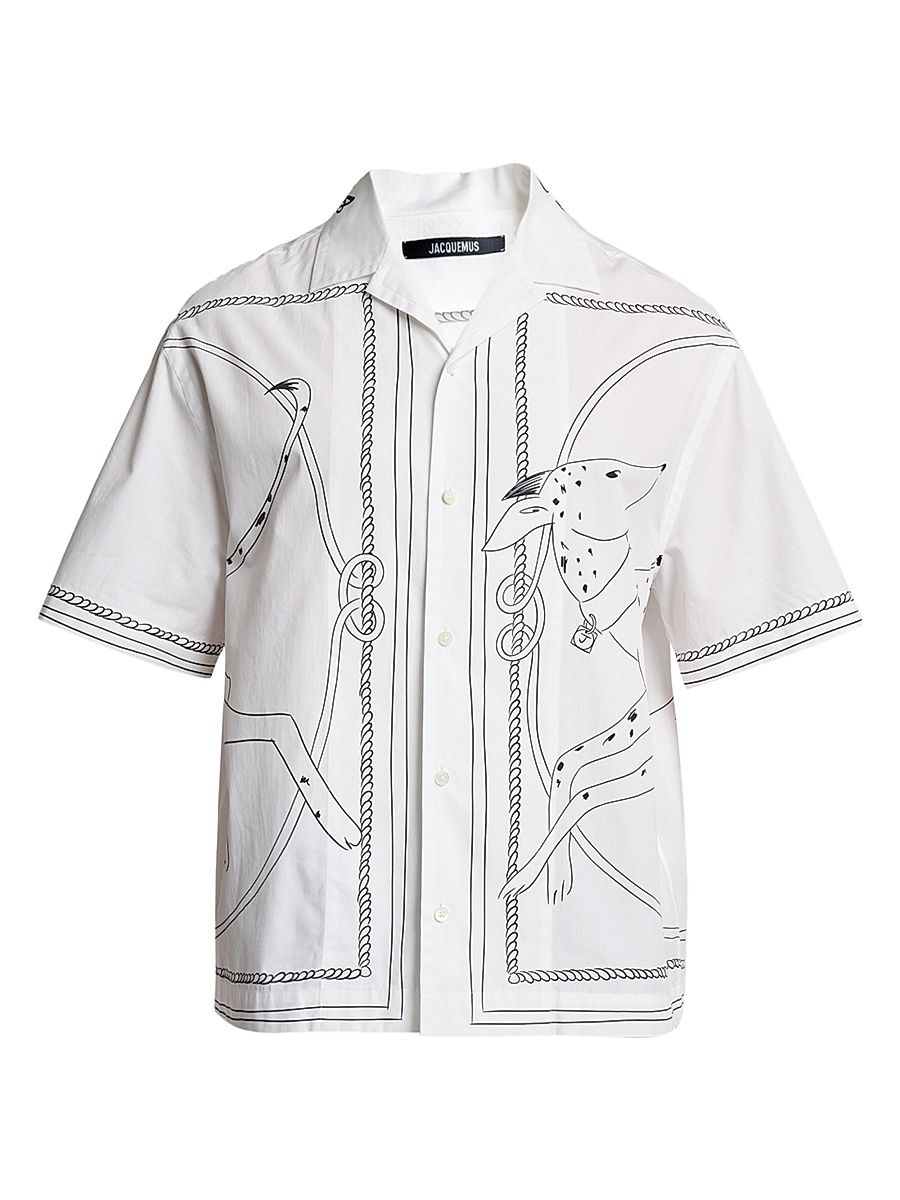 Men's Jean Dog-Printed Cotton Camp Shirt - White Black - Size 44