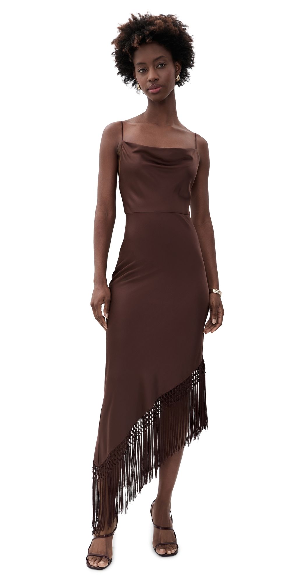 ALICE + OLIVIA Harmony Drapey Slip Asymmetrical Midi Dress Dark Chocolate 0