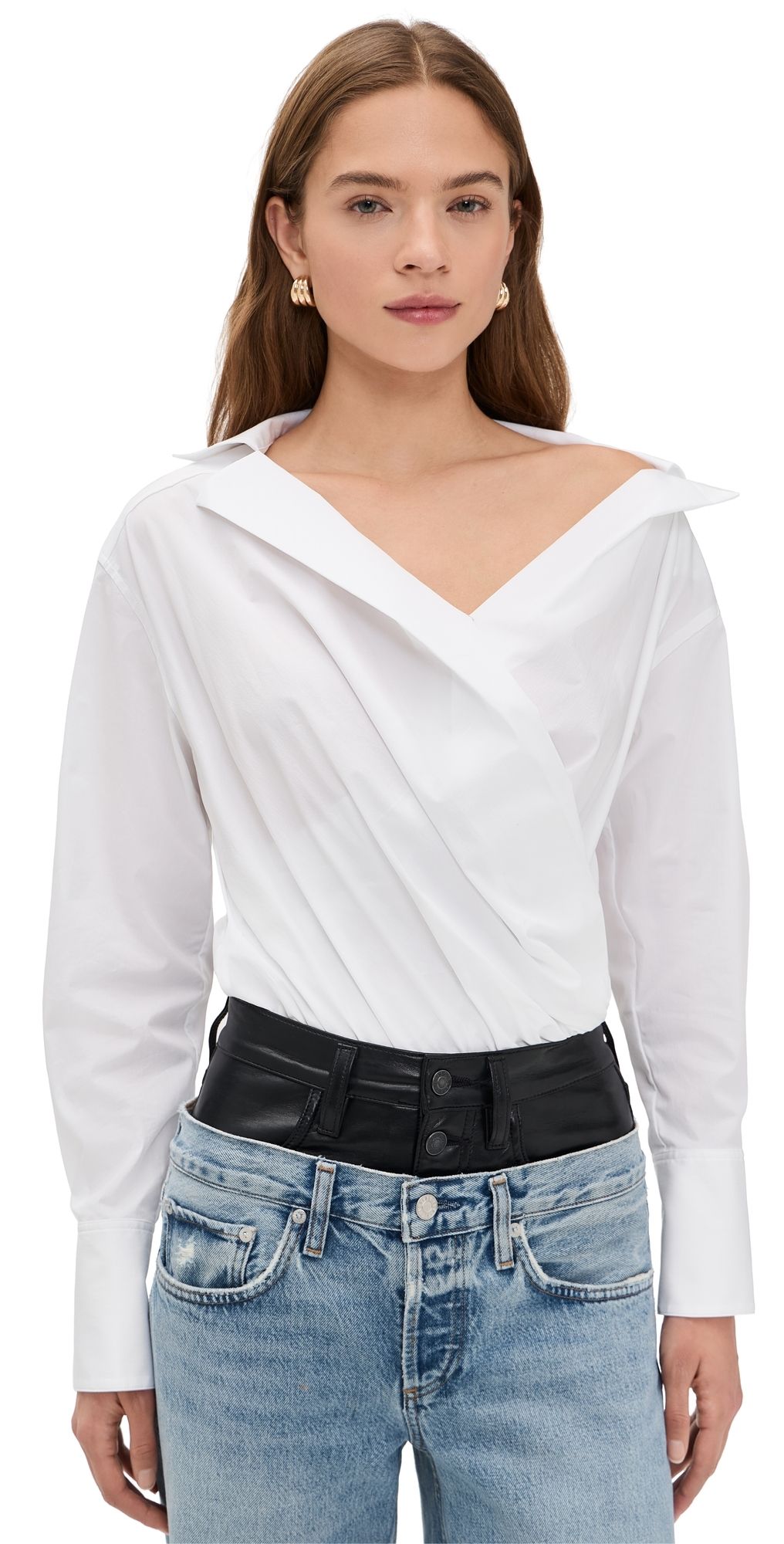 Good American Off Shoulder Poplin Thong Bodysuit White001 S