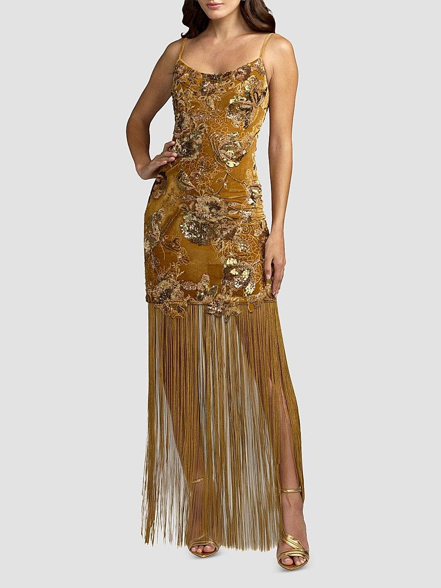 Women's Beaded Velvet Fringe-Hem Cocktail Dress - Gold - Size 12