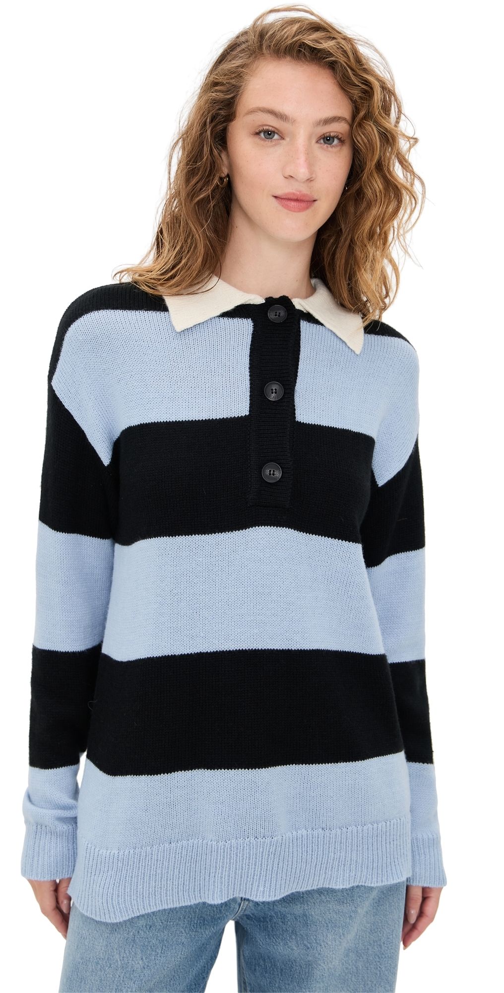 Moon River Striped Collar Pullover Sweater Light Blue Multi M