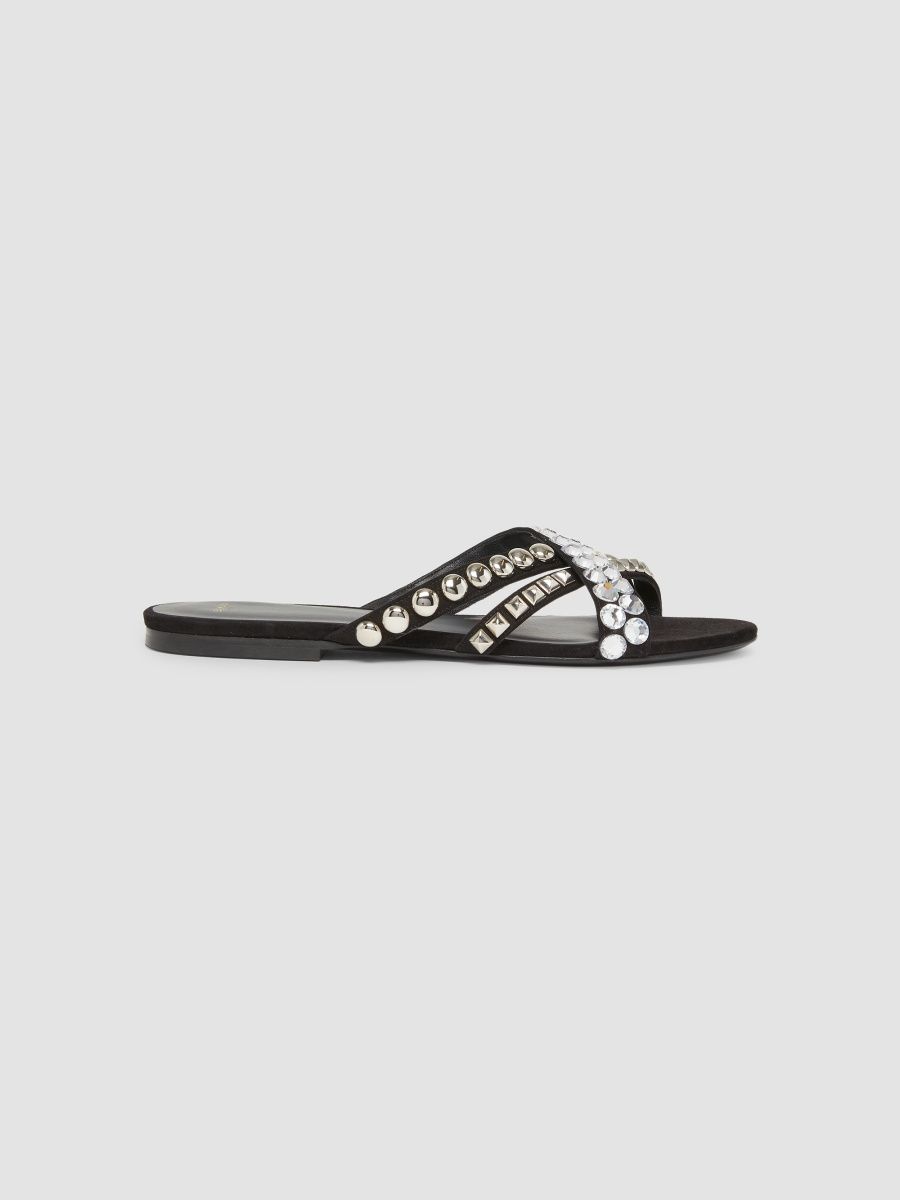Balmain Women's Crystal- & Stud-Embellished Suede Slide Sandals - Cristal Noir - Size 10
