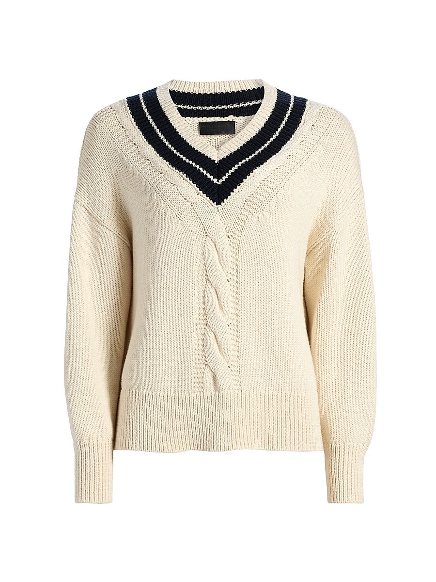 Women's Suneel V-Neck Cotton-Cahsmere Sweater - Ecru Dark Navy - Size Large