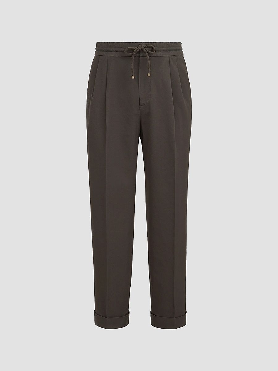 Brunello Cucinelli Men's Cotton Gabardine Trousers with Drawstring and Double Pleats - Brown - Size 42