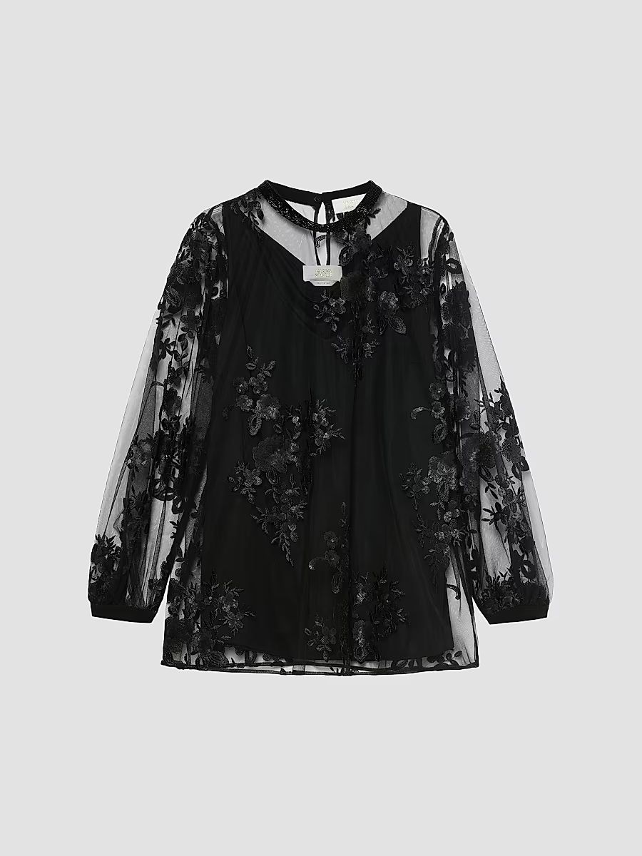 Women's Embroidered Tulle Blouse - Black - Size 22