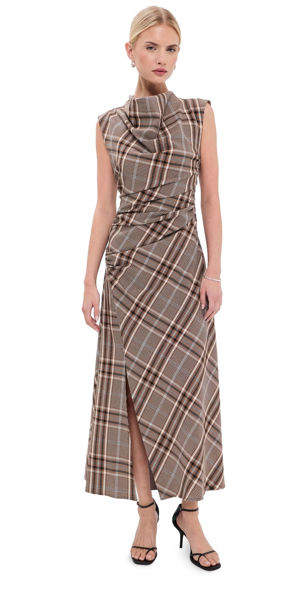 SIMKHAI Burke Draped Midi Dress Otter Plaid 10
