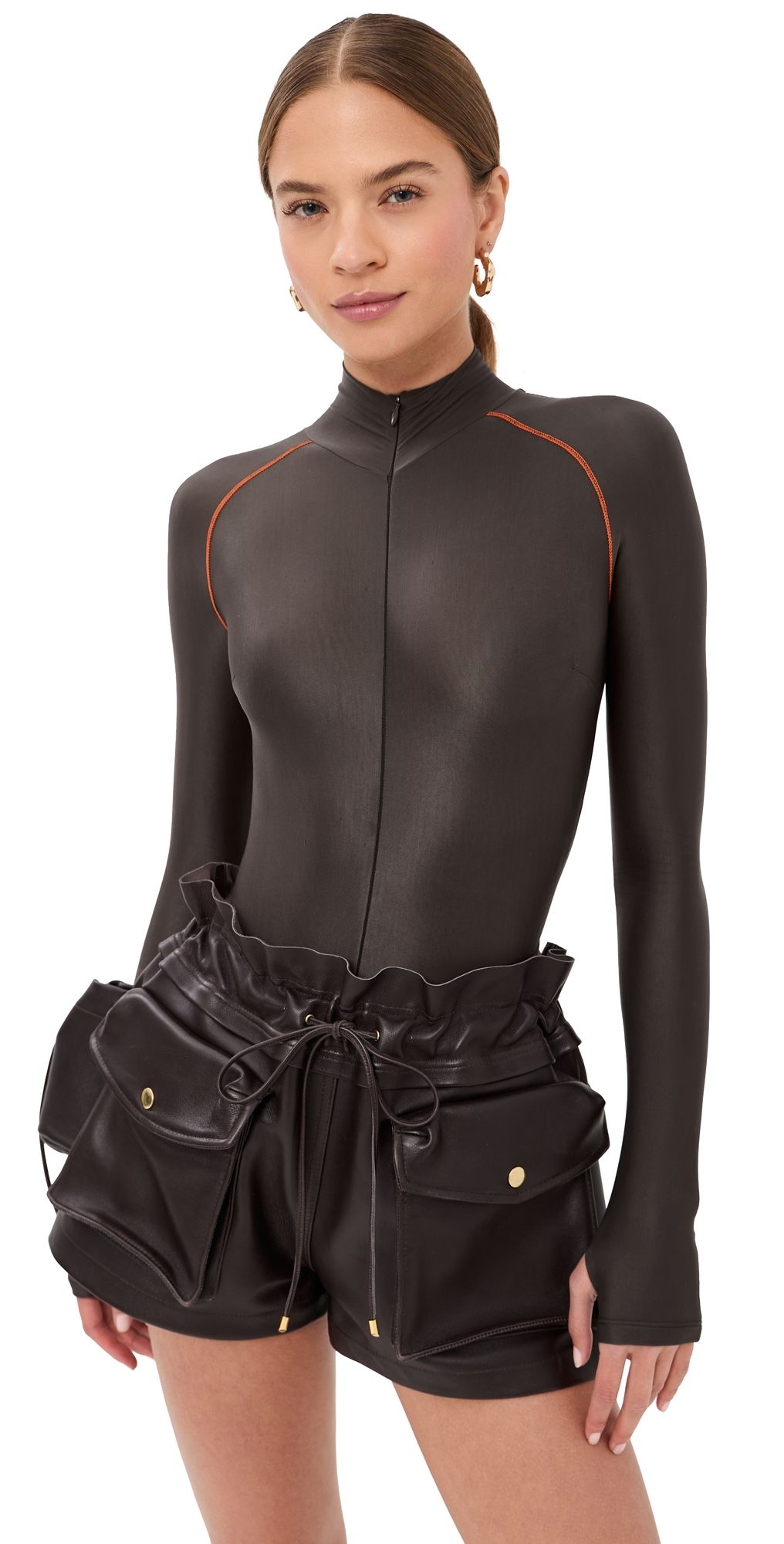 LaQuan Smith Long Sleeve Bodysuit with Top Stitching Chocolate/Orange L