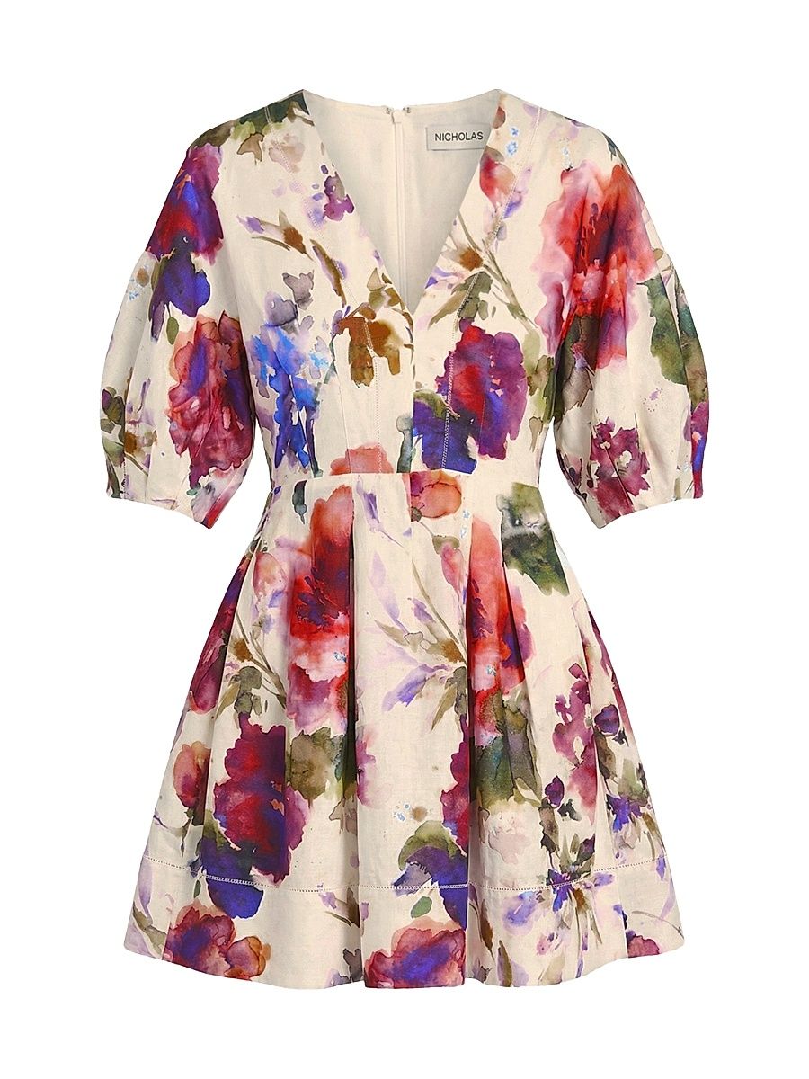 Women's Josefa Linen-Blend A-Line Minidress - Watercolor Floral - Size 0