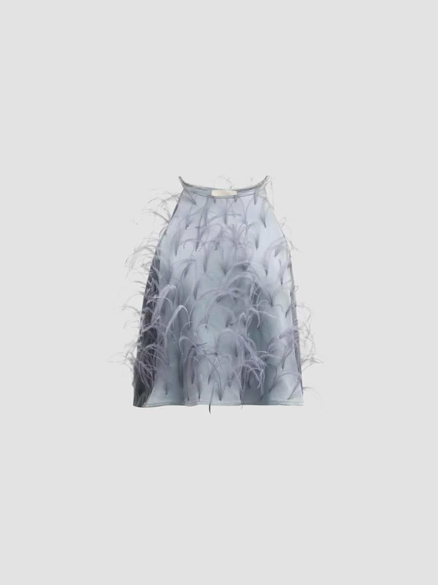 LaPointe Women's Doublefaced-Satin & Feather Halterneck Cropped Camisole - Dove - Size Small