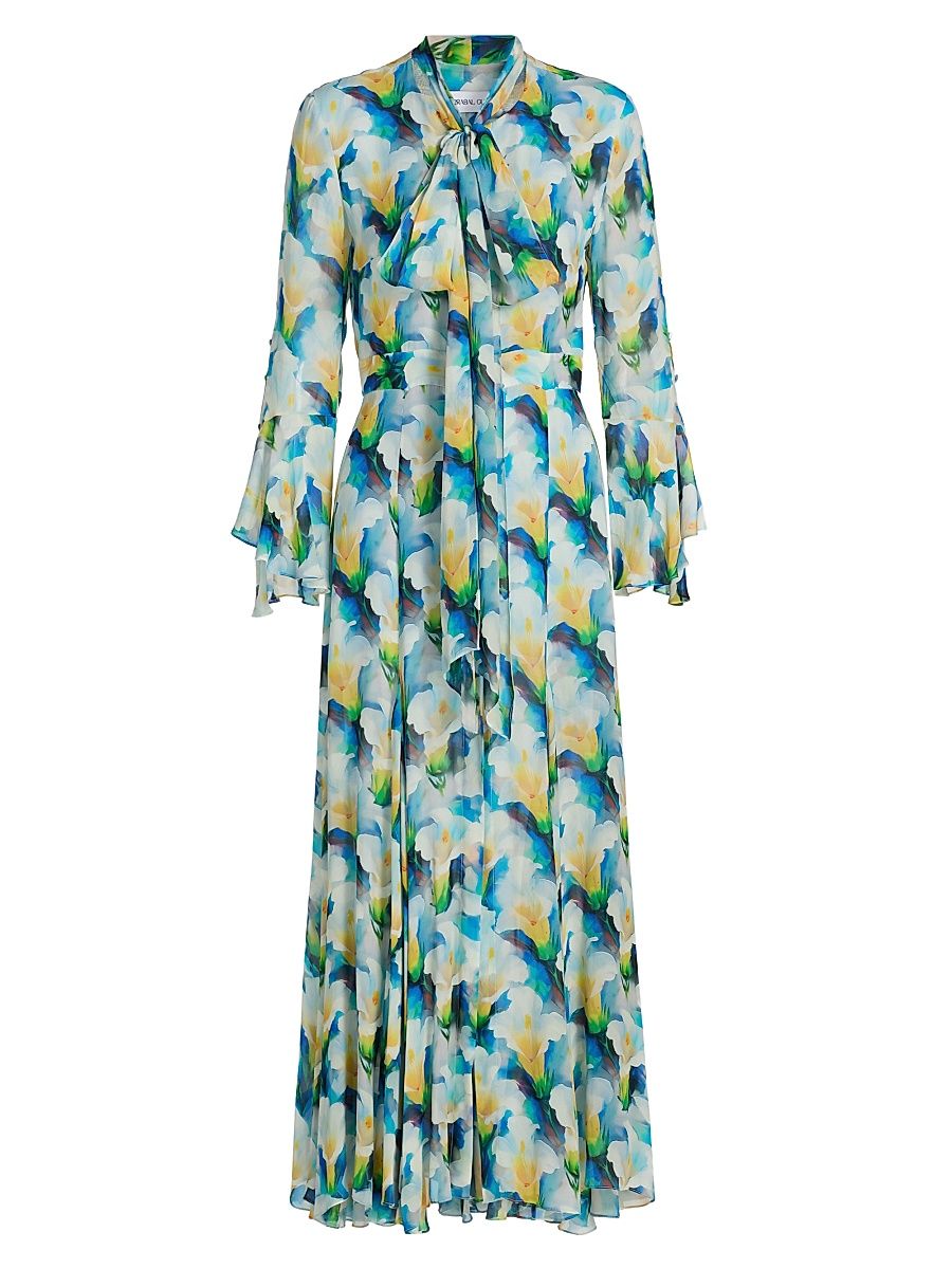 Women's Floral Chiffon Pussy-Bow Collar Dress - Blue Multi - Size 8