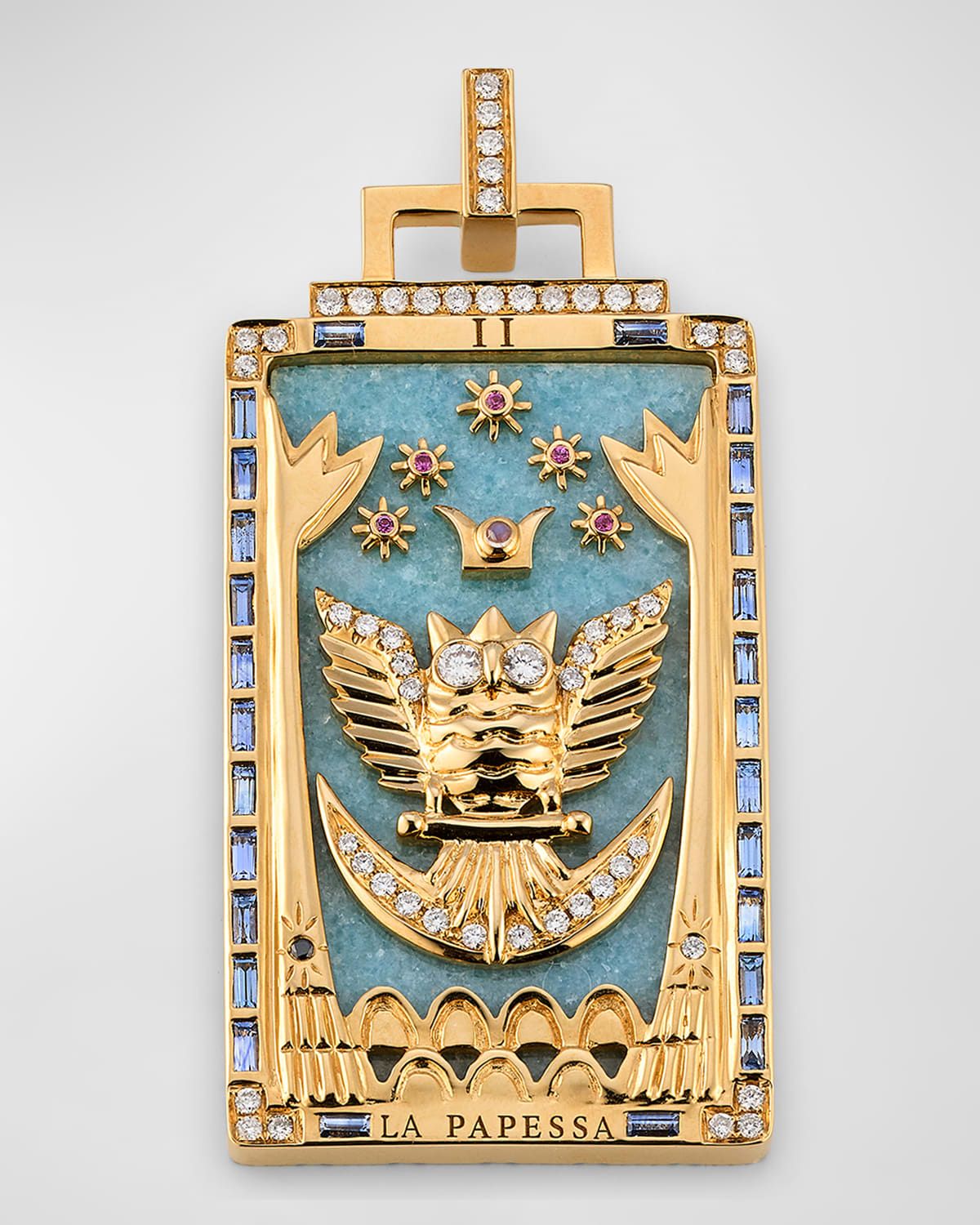 18K Yellow Gold Angelite Pendant with Sapphires, Moonstone and GH-SI Diamonds