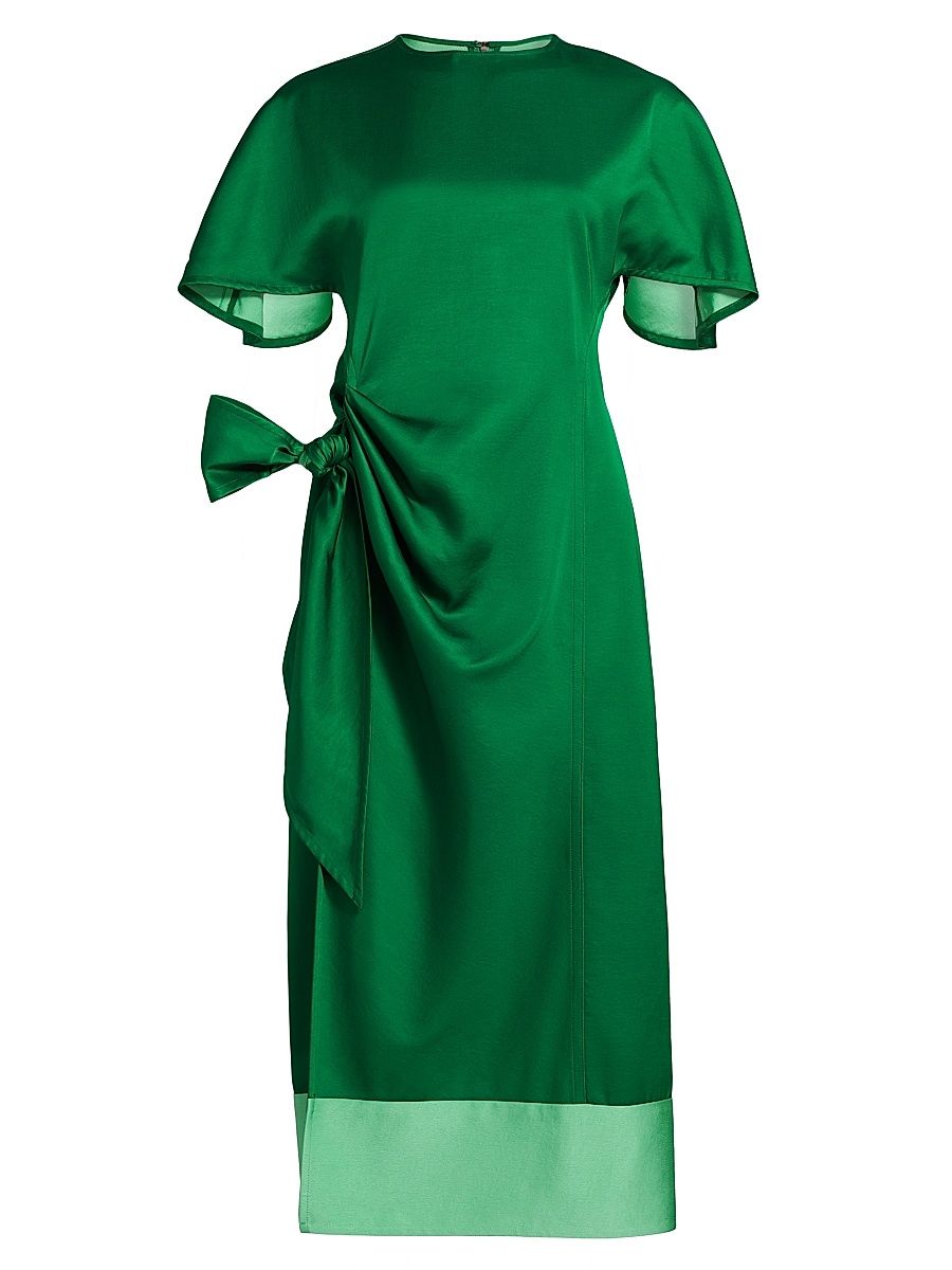 Women's Colorblocked Satin Tie-Waist Midi-Dress - Emerald - Size 10