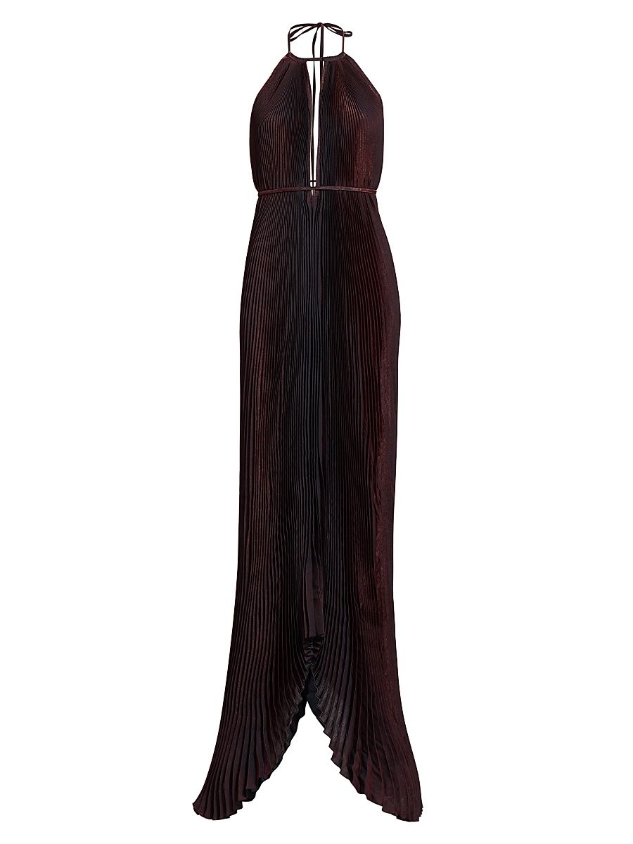 Women's La Fete Boheme Shimmer Pleated Halterneck Gown - Merlot Shimmer - Size 6