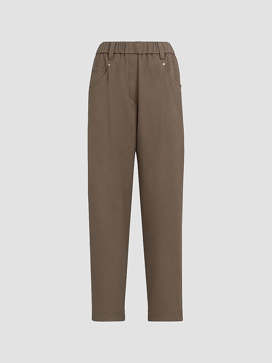 Brunello Cucinelli Women's Stretch Cotton Cover Baggy Pull On Trousers with Shiny Bartack - Brown - Size 0