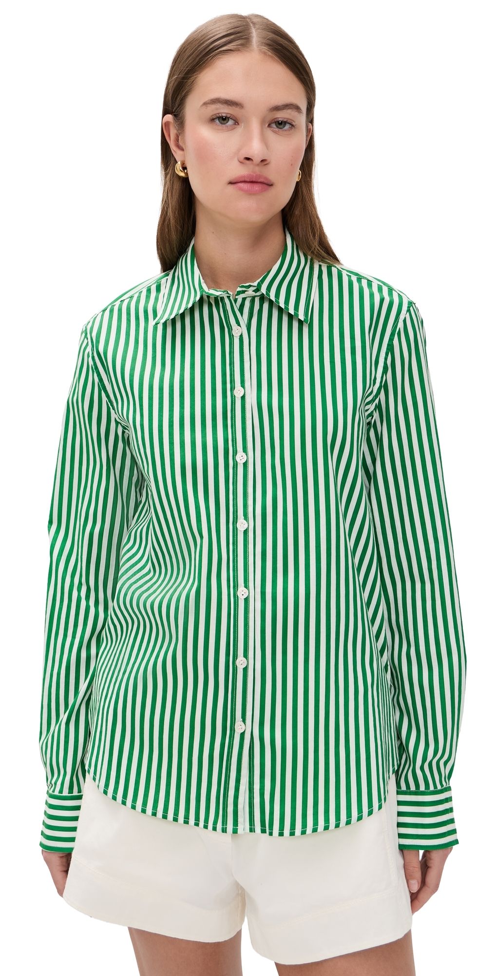 perfectwhitetee Gisele Cotton Poplin Slim Fit Button Down Grass Stripe M