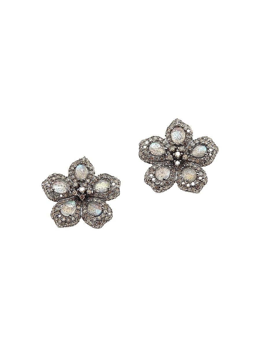 Women's Black Rhodium-Plated, Labradorite & Diamond Flower Cluster Stud Earrings - Diamond