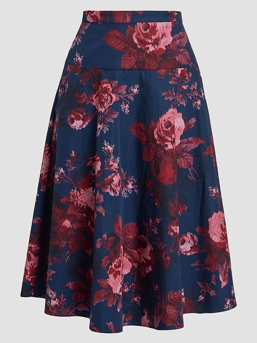 Women's Floral Cotton A-Line Midi Skirt - Rose Navy - Size 2